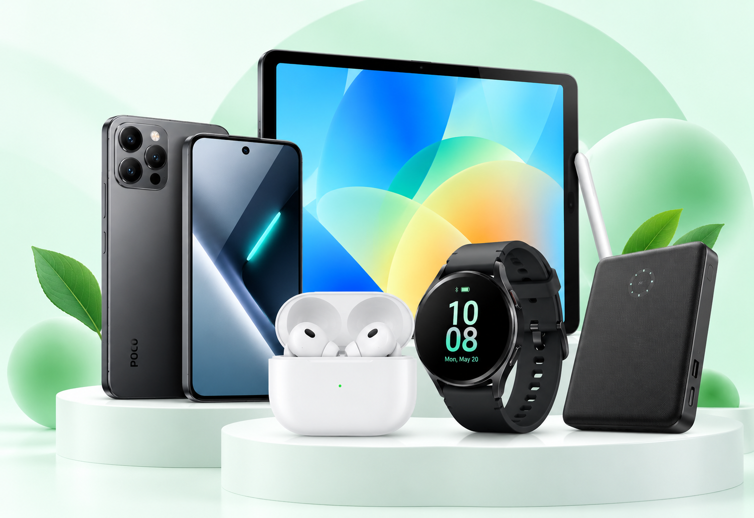 Cell phone, tablet, smartwatch, wireless earbuds and power bank